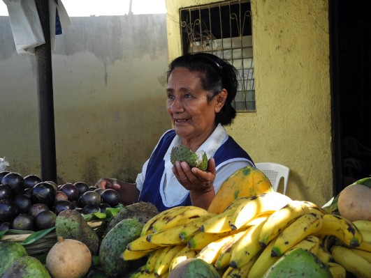 Gemüseverkäuferin an einem Verkaufsstand in Catarina
