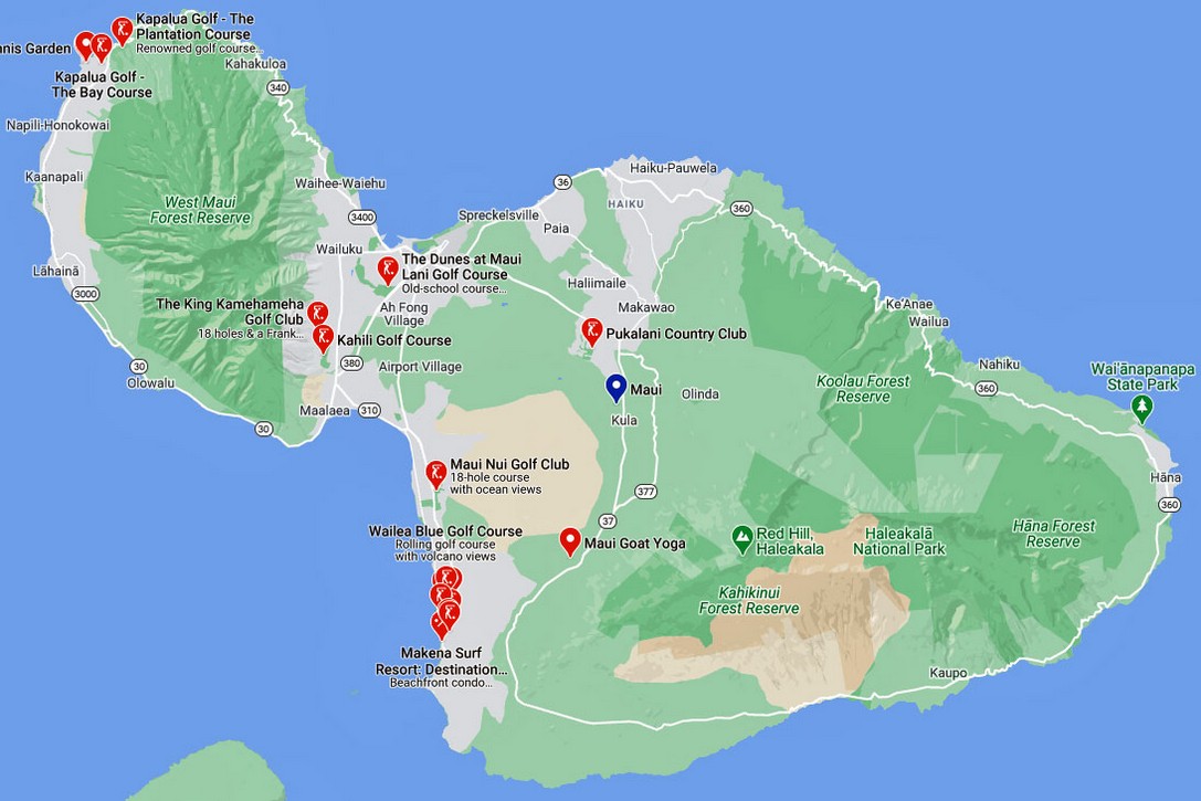 Lage der Golfplaetze in Maui